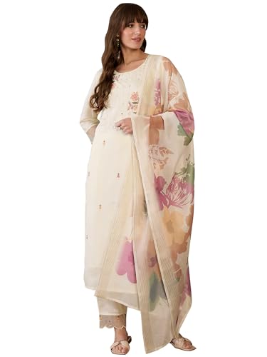 Image of INDO ERA Women Chanderi Silk Straight Floral Embroidered Kurta And Pant With Dupatta Set (IESTR9803)