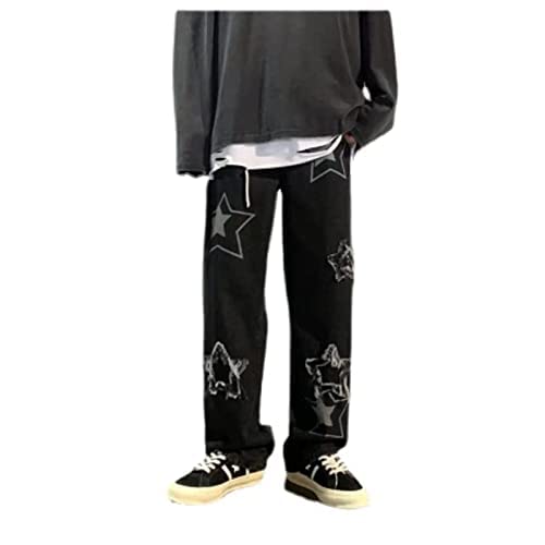 Vintage Men's Korean Denim Pants Y2K Cltohes Streetwear Printed Patchwork Male Baggy Jeans Straight Trousers (Black,M,Medium) #TOP17