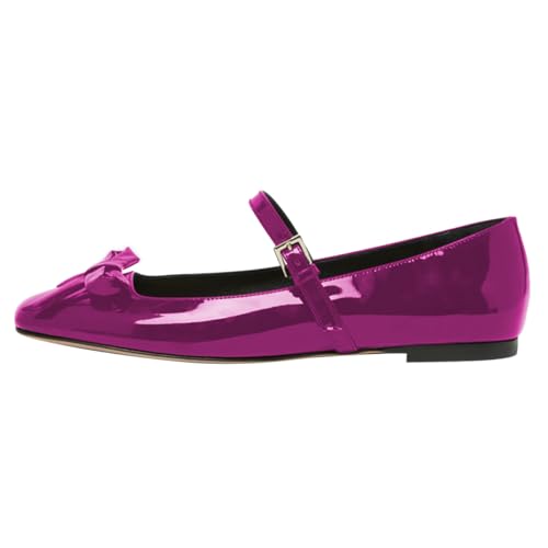 FOWT Women Bow Square Toe Mary Janes Comfortable Buckle Ballet Flats Daily Walking Office School Girls Shoes Size 4-16 US4
