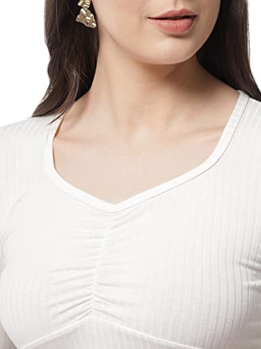 Image of POPWINGS Solid Ribbed Slim Fit Crop Tops for Women | Polycotton Stylish Western 3 /4 Puff Sleeves Casual and Summer Crop Tops for Women