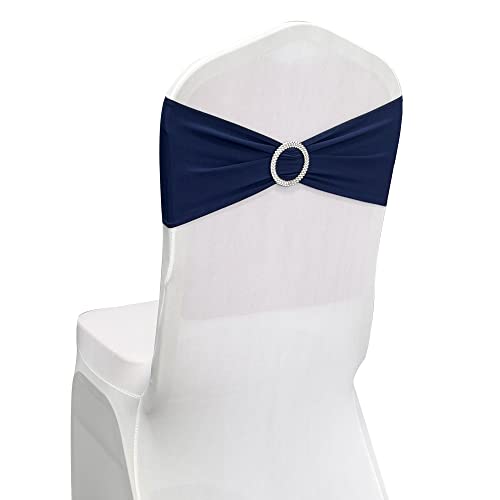Image of Spandex Chair Sashes Bands, Navy Blue, 50PCS | Stretch Chair Ties Bows, With Buckle Slider, For Wedding Party Banquet Decoration