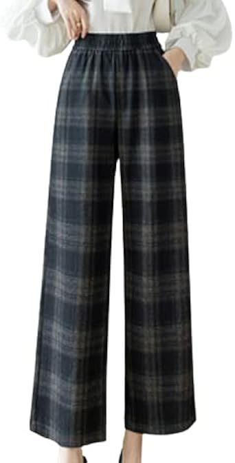 Amazon ワイドパンツ クロップドパンツ グレンチェック チェック 柄 ハイウエスト ウエストゴム 9分丈 レディース ミセス 秋冬 ロング パンツ 通販