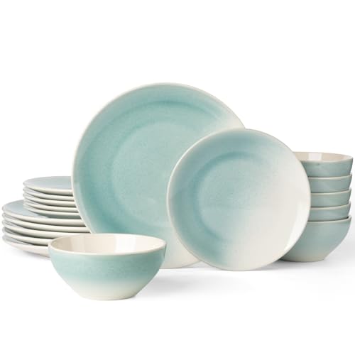 Image of Famiware Glacier Stoneware Dinnerware Sets, 18-Piece Plates and Bowls Set for 6, Reactive Glaze Dishes, Everyday & Formal Use, Dishwasher /Microwave Safe, Chip /Scratch Resistant, Two-Color Glazed, Aqua