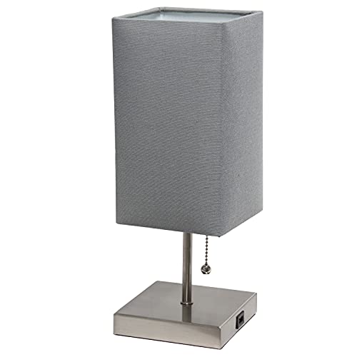 Simple Designs Lt1087-Gry Petite Brushed Nickel Usb Charging Bedside Night Stand Table Lamp Pull Chain Switch, Gray Fabric Shade #TOP5