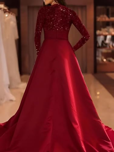 Prom Dresses for Women Sparkly Sequins Long Sleeve Ball Gown Formal Dress with Pockets LW1404