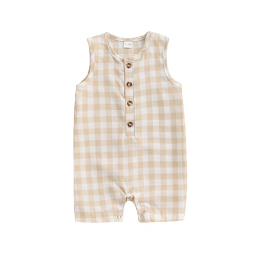 Image of Infant Baby Boys Summer Cotton Linen Romper Sleeveless Plaid Solid Button Up Jumpsuit Overalls One Piece Outfits