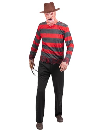 Smiffys Disfraz oficial de Nightmare On Elm Street Freddy Krueger con parte superior a rayas estampada y pasamontañas efecto quemado, disfraz de Halloween, talla L