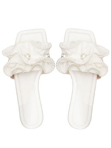 Verdusa Women's Ruffle Pearl Sandals Wedding Square Toe Slip on Slides Summer Slippers