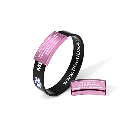Divoti Ultra-Sleek Custom Engraved 13-mm Wide Silicone Sport Medical ID Wristband for Athletes – Color Plated Pink/Black - Large