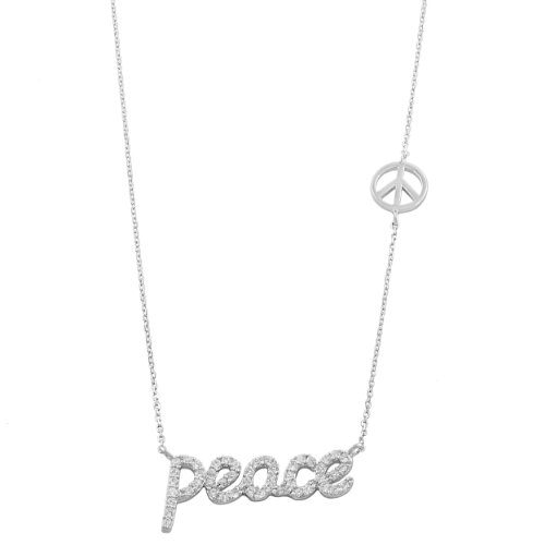 Kooljewelry Sterling Silver Cubic Zirconia Peace Message and Symbol Necklace (18 inch)
