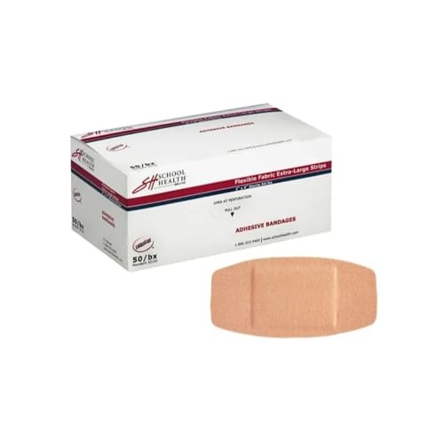 Image of School Health - Adhesive Bandages, Comfortable Form-Fitting Protection & Wound Care for Cuts and Scrapes, Premium Adhesive Stays Secure with Movement, X-Large Flexible Fabric Bandages, 2" X 4" 50/Box