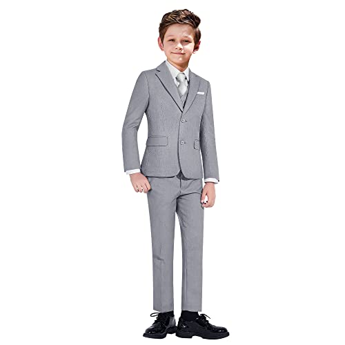Marvelous World Boys' Suits Slim Fit 5 Pieces Adjustable Waist Boys Formal Suit Set Light Gray #TOP20