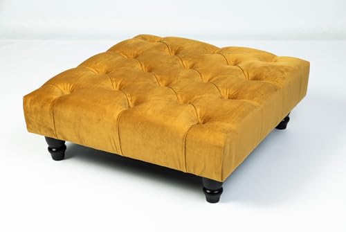 YORKSHIRE HOMEWARE Wooden Chesterfield Footstool Footrest Pouffe Plush Velvet Foot Stool Upholstered Deep Button Design Padded Ottoman with Wooden Legs (Mustard Plush, 60cm(L) x 60cm(W) x 15cm(H))