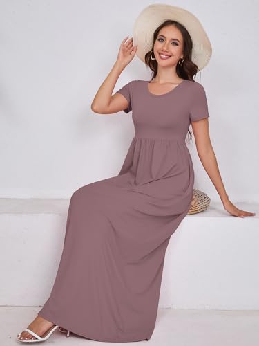 Image of DEARCASE Maxi Dress for Women Short Sleeve Casual Summer Loose Plain Comfy Long Dresses with Pockets
