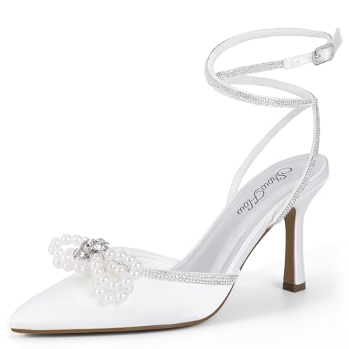 Mofri ShowHow Womens Wedding High Heels Slingback Stiletto Heels Closed Pointed Toe Strappy Heels Ankle Strap Pumps Rhinestone Pearl Bow Heels Bridal Party Wedding Dress Shoes