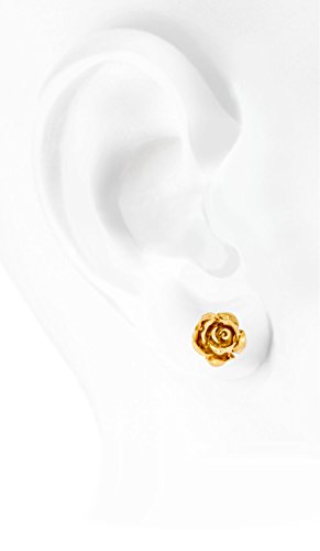 Solid 18K Yellow Gold Rose Flower Stud Earrings Handcrafted style 3/8 inch with Post and Friction Back | 2.6g2
