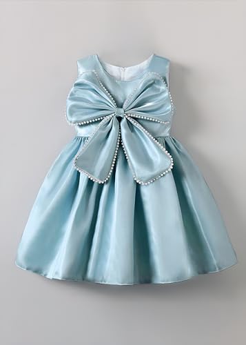 Image of Buy & Try Girls Frock Dress Crystal Moti Embellished Sleeveless Butterfly Design | Knee Length Birthday Dress for Kids with Zipper Closure