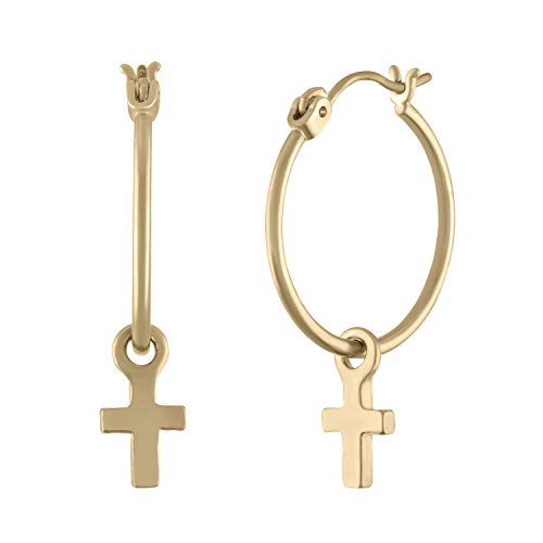 Rachel Roy Gold-Plated Brass Mini Cross Charm Hoop Earrings for Women Fashion Jewelry.