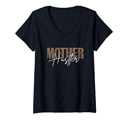 Mujer Mother Hustler Mom Girl Boss Leopard Animal Print Hustle Camiseta Cuello V