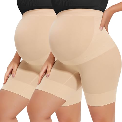 abkylie Faja moldeadora de maternidad sin costuras para embarazo, ropa interior de cintura alta, bragas de muslo medio, D. Paquete de 2 (nude+nude), M