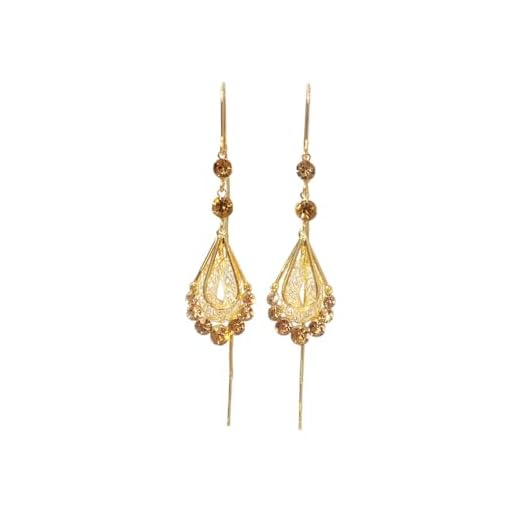 DIAMANTIO Brincos femininos vintage banhados a ouro 18 K, elegantes brincos pendentes de gota com zircônia cúbica e detalhes de cristal, joia de inspiração étnica #D210325, Large, Latão, Zircônia