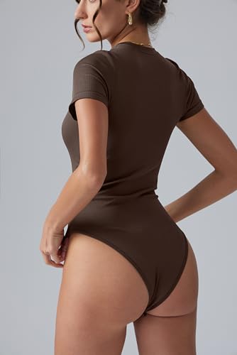 Image of OQQ Women's Crew Neck Short Sleeve Bodysuit Ruched Stretch Vacation Basic for Tops Spring & Summer
