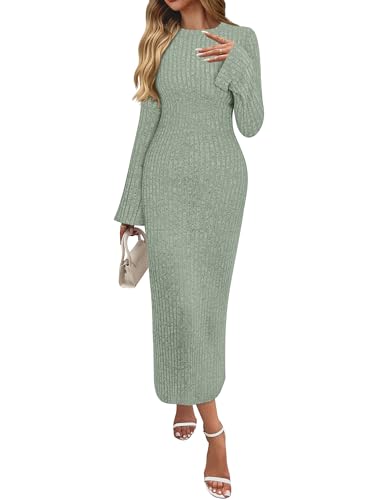 ANRABESS Womens Bodycon Maxi Dresses 2025 Fall Casual Flare Sleeve Crewneck Lounge Comfy Sexy Ribbed Knit Long Sweater Dress
