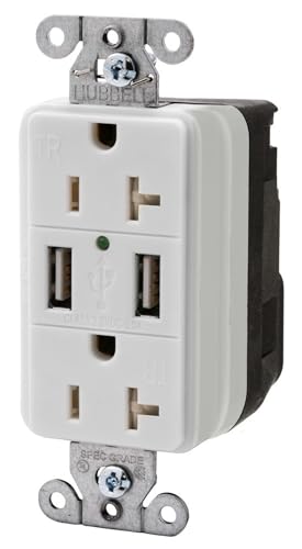 Straight Blade Devices, Receptacles, Decorator, Duplex, Commercial/Industrial Grade, SNAP Connect, Two USB Type 2.0 Ports 3 Amp 5 Volt, 20A 125V AC, 2-Pole 3-Wire Grounding, 5-20R, White