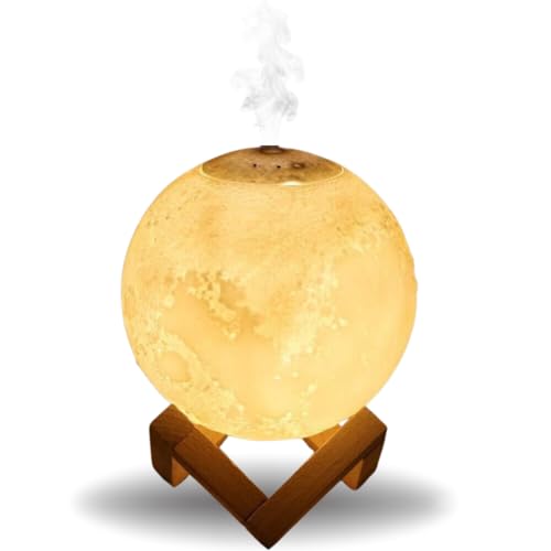 Moon Lamp Humidifier 2 in 1 with LED Night Light, Three Dimensional Printed Ultrasonic Cool Mist Diffuser, Touch Control, Multi Color Lighting, USB Rechargeable for Bedroom & Home Office