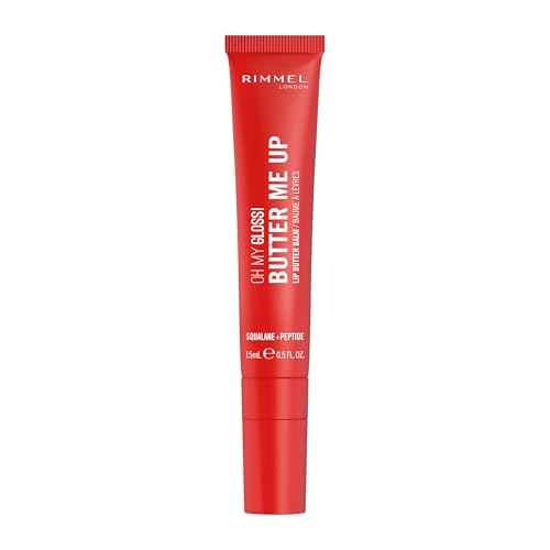 Rimmel Oh My Gloss! Butter Me Up, 004 Red Velvet, Moisturising Lip Butter Balm, Glossy and Sheer Tint, Ultra-Hydrating, Enriched with Squalene and Peptides, Lip-Hugging Applicator, Vegan, 15ml