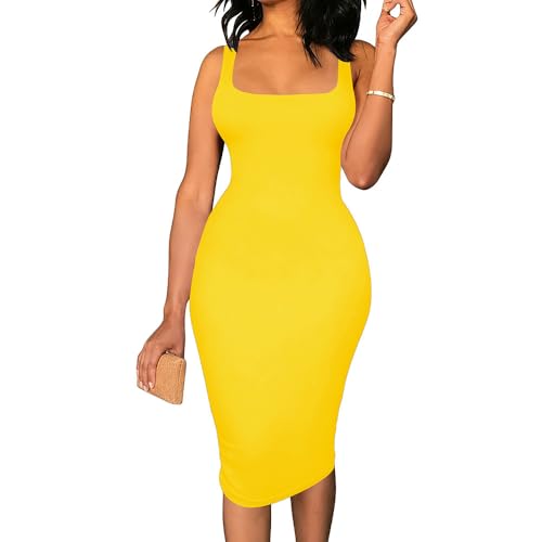 Image of TOPSRANI Women Sexy Midi Dress Bodycon Casual Sleeveless Basic Ruched Tank Summer Club Party Dresses