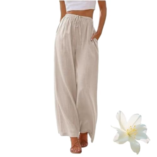 Pasuda Womens Linen Trousers Elasticated High Waisted Pants for Women Casual Wide Leg Trouse, Breathable