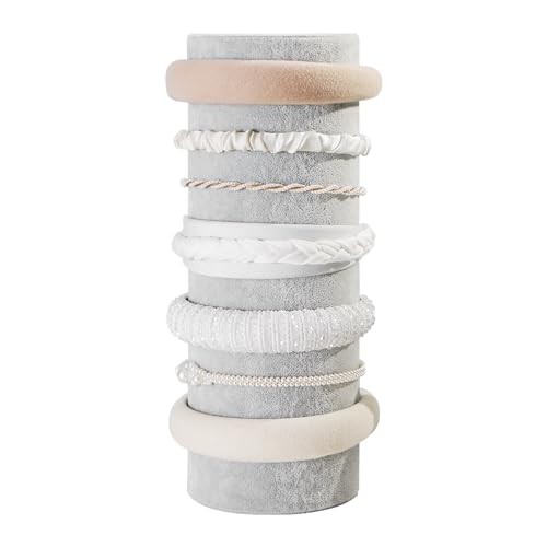 Justsoso Headband Holder Organizer, Soft Velvet Tower Hairband Stand Display, Vertical Hair Hoop Accessories Jewelry Storage for Women Girls (Gray Beige Velvet)
