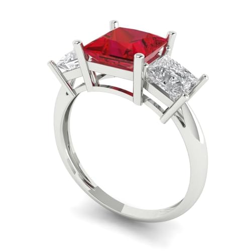 Clara Pucci 2.5 CT Princess Cut Simulated Ruby Ring for Women in 14K White Gold, 3 Stone Proposal Wedding Anniversary Designer Bridal Ring, Womens Solid Gold Ring2