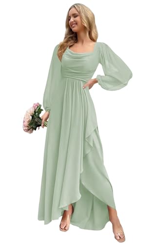 Long Sleeve Bridesmaid Dresses for Women Long Pleated Chiffon A Line Formal Evening Dresses with Slit3
