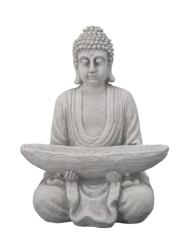 gartendekoparadies.de Bouddha en pierre massive avec bol moine - Décoration de jardin - En pierre - Résistante au gel, Gris,blanc, 27 cm, (Buddha)