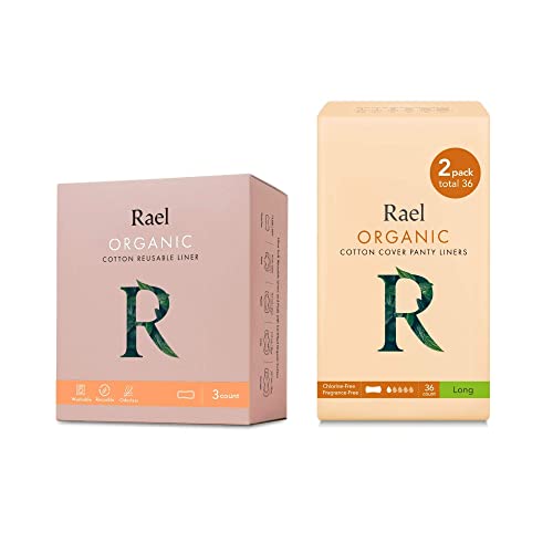 Rael Organic Cotton Cover Reusable Pantyliners (Tan, 3 Count) & Organic Cotton Cover Long Liners (36 Count) Bund