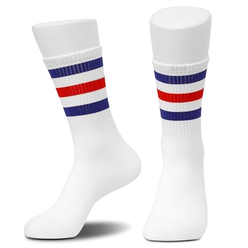 Classic Striped Tube Socks, Back To School Gifts, Soft Cotton Retro Tube Socks For Men, Women& Teens, Fathers Day，1 Pairs, Blue/Red/White - Cotton Graduation Gift For For Men, Women, Teens. (048)4