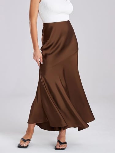 ebossy Women's Elegant Fishtail Long Skirt Silk Satin Hidden Elastic Waist Ruffle Flared A-Line Maxi Skirt2