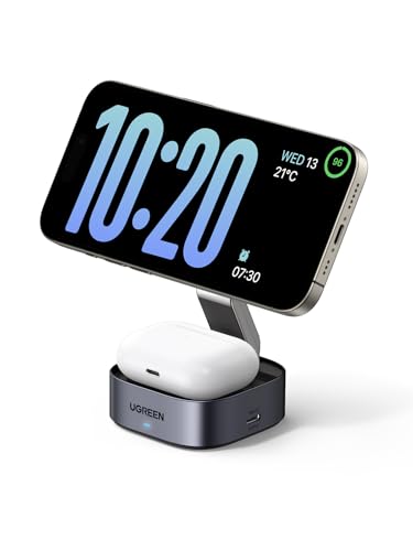 UGREEN MagFlow for MagSafe Charger Qi certified 2-in-1 Wireless Charger Stand Magnetic Charging Station Compatible with iPhone Air/17/16/15/15 Plus/15 Pro/15 Pro Max/14/13/12 AirPods 4/3/2/Pro 3/2