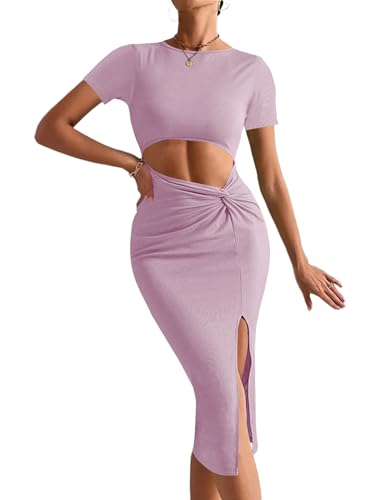 Image of Rooscier Women's Twist Cutout Waist Split Crewneck Short Sleeve Bodycon Midi Dress