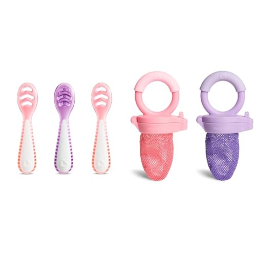 Image of Munchkin® Gentle DipTM First Spoon Set for Baby Led Weaning, Self Feeding, 3 Pack and Fresh Food Feeder, 2 Count, Coral/Purple