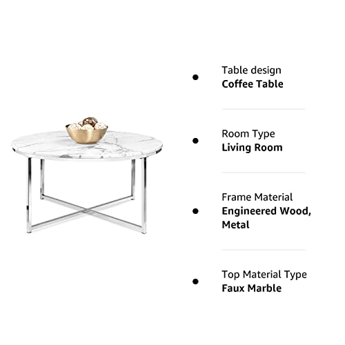 Best Choice Products Round Coffee Table 36In Faux Marble Coffee Table, Large Circular Living Room Table, Modern Boho Home Décor Metal & Marble Accent Table – White/Chrome #TOP7