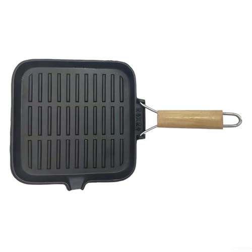 Entgoinggo Sartén de hierro fundido a rayas con mango de madera para cocinar filetes, sartén plegable para camping, cocina, parrilla cuadrada de 9.45 pulgadas