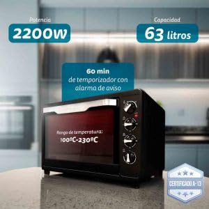 Grunkel - HR-48RMRUSTI - Horno eléctrico multifunción de sobremesa de 48l con 3 funciones de calor y selector de temperatura hasta 230ºC. Incluye rustidora y temporizador hasta 60 min - 2200W