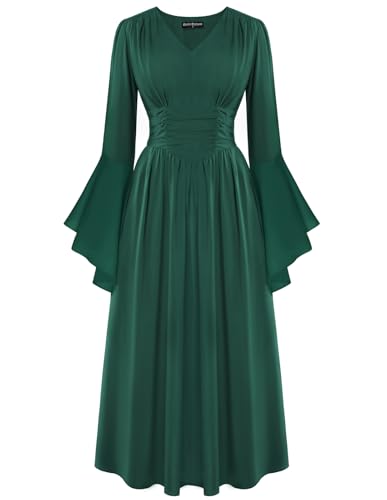 SCARLET DARKNESS Damen Renaissance Kleid Glockenärmel Corsagenkleid mit Taschen Fasching Karneval Klieder Hexenkostüm Dunkelgrün XL