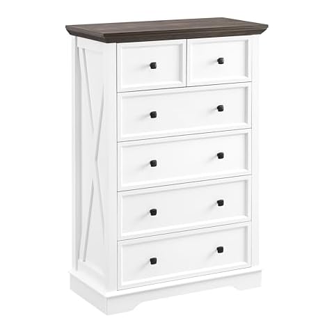 CKEASEAN 6 Drawer Dresser, Farmhouse Dresser, Nightstand Chest of Drawer for Bedroom, Wood Storage Chest of Drawers Storage Cabinet for Living Room, Hallway,Entryway (White, 6 Drawer) Cover