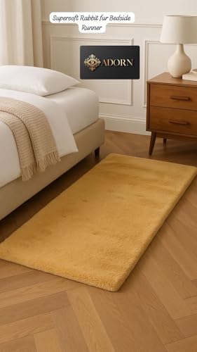 Image of Adorn Supersoft Rabbit Fur Bedside Runner Rug, 60 * 140cms Anti-Skid Backing (Mustard)