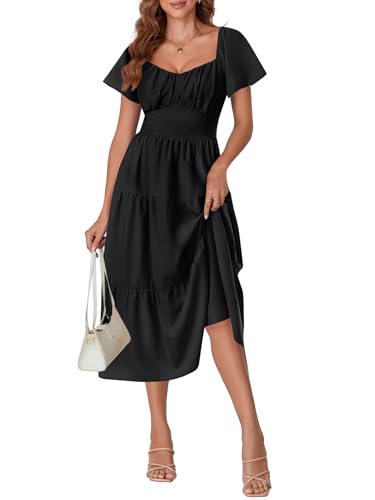 Rooscier Women's Square Neck Wrap Tie Back Ruched Tiered Layered Ruffle Sleeve Long Dress