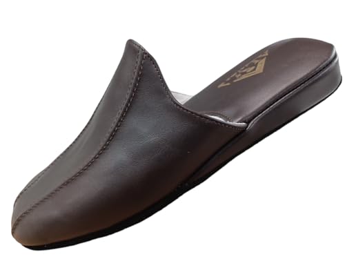 Generico Ciabatte da uomo classiche in vera pelle esterno e interno Alma Made in Italy cucite suola in pelle scamosciata (marrone, Sistema Taglie Calzature EU, Adulto, Uomo, Numero, Media, 44)
